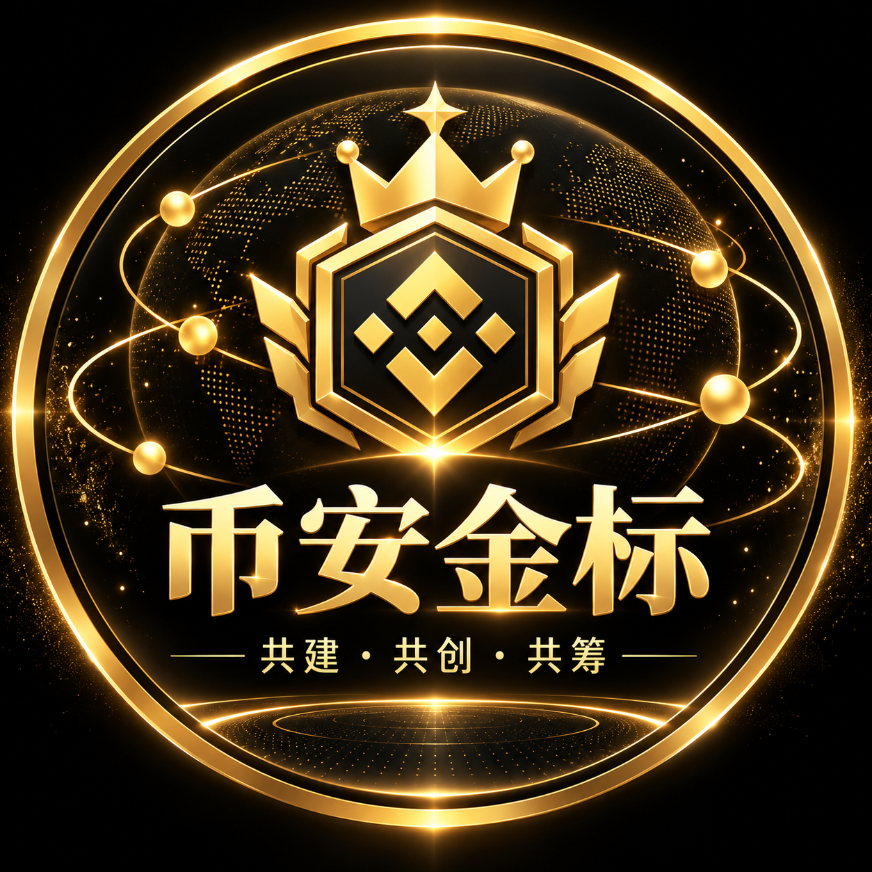 币安金标黑金主题图：皇冠六边形徽章、金色光环和共建·共创·共筹口号